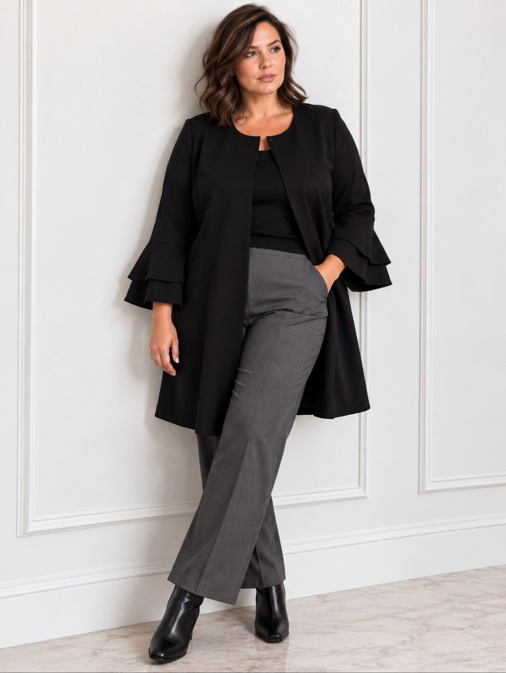 Suzanne Betro Black Statement Sleeve Jacket 2X | Double-Layer Trumpet Sleeves
